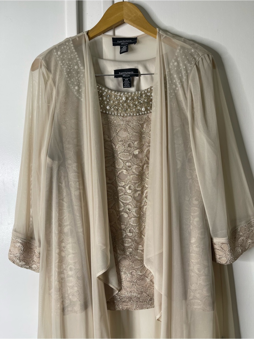 R&M Richards 2PC Champagne Beaded Blouse + Sheer Cardigan Set 16W Mother Bride